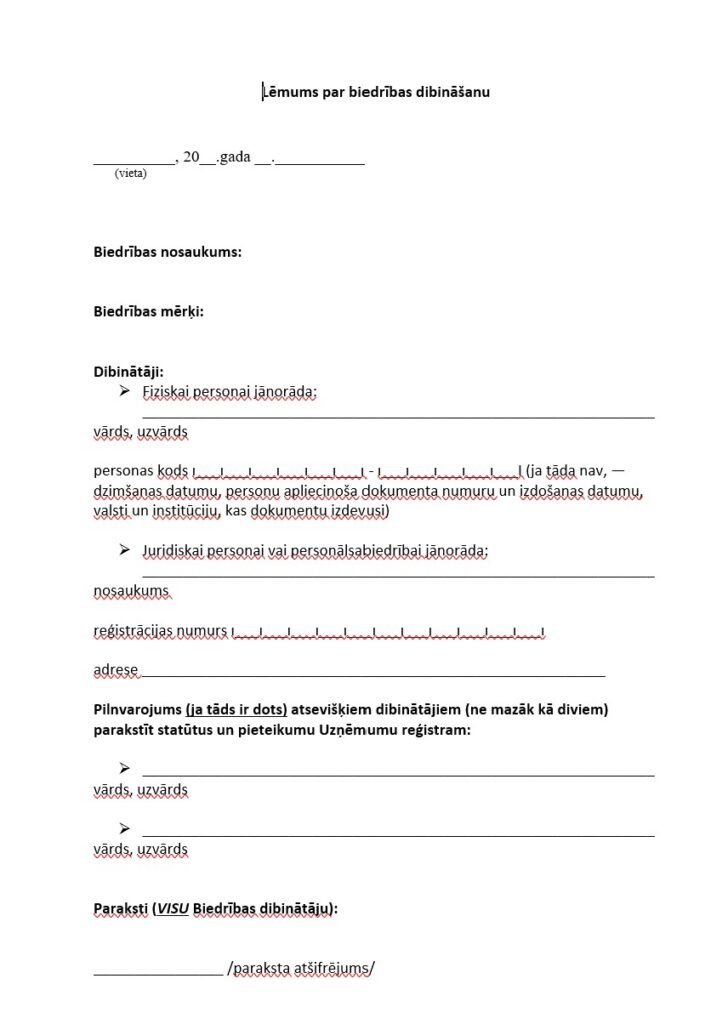 biedrības dibināšanas lēmums