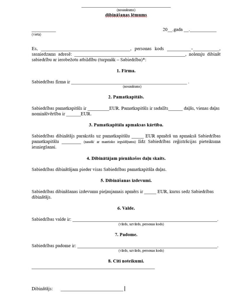 dibināšanas lēmums vai dibināšanas līgums